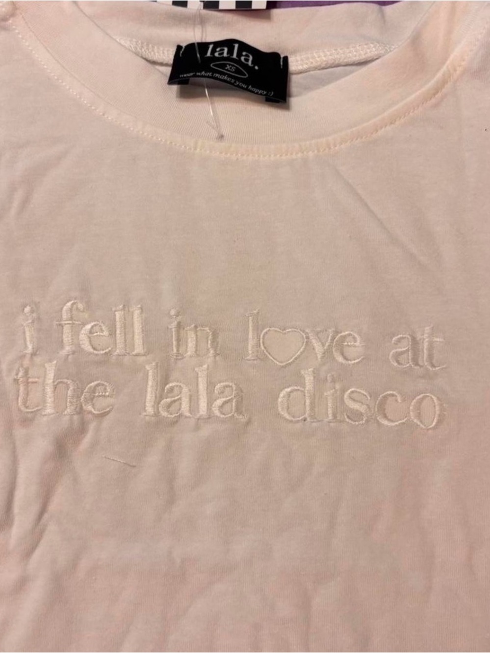 Dressed in LALA White Crop Top “I fell in love at the lala disco” - XS - Picture 2 of 4